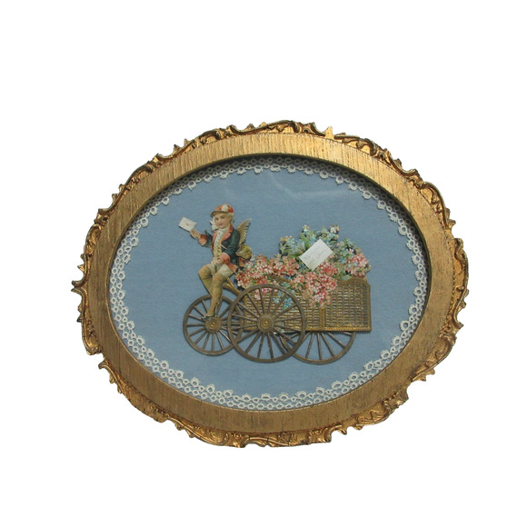 VTG Decoupage Picture 3D Victorian Style Gold Oval Frame Lace Trim 12" x10" - Picture 1 of 8